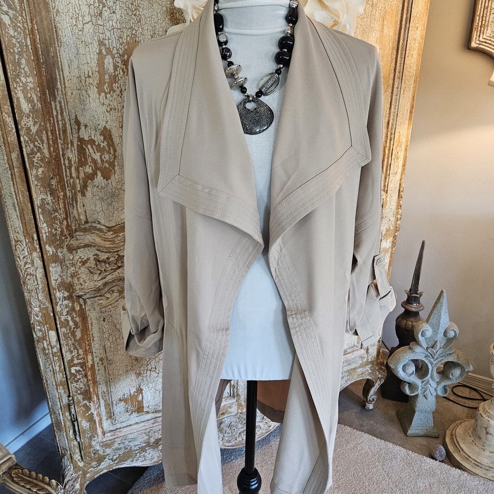 Max Studio Taupe Drape Front Trench Coat - Picture 5 of 11